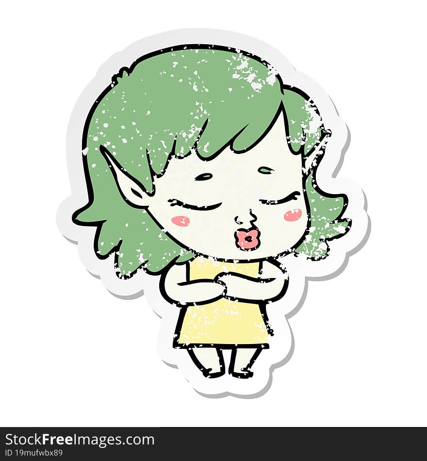 distressed sticker of a shy cartoon elf girl