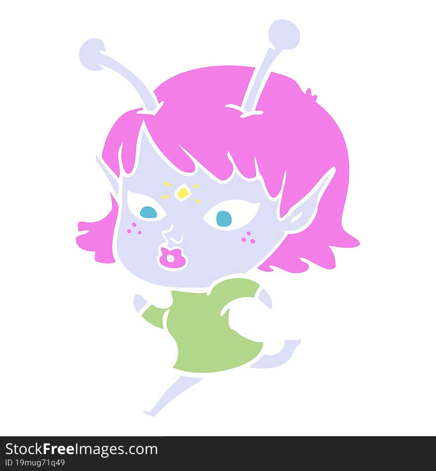 pretty flat color style cartoon alien girl running