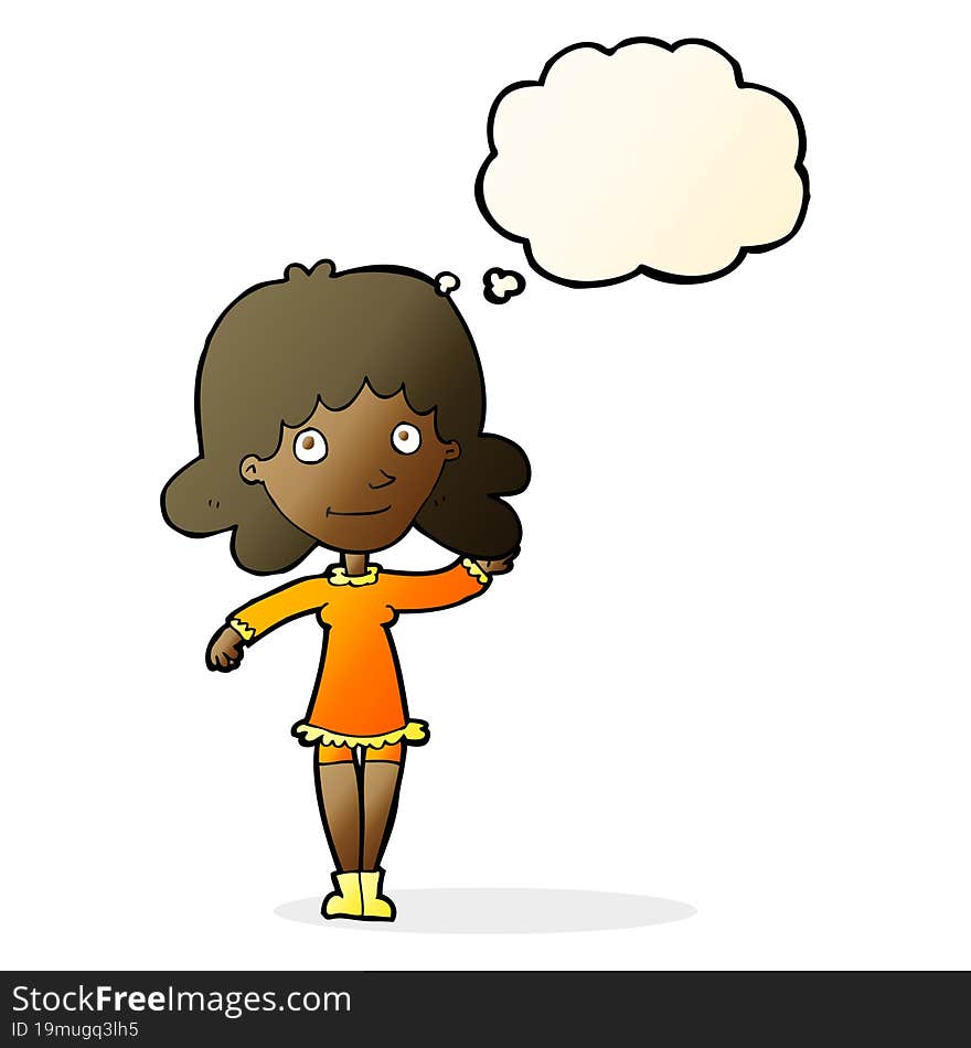 cartoon friendly woman waving with thought bubble