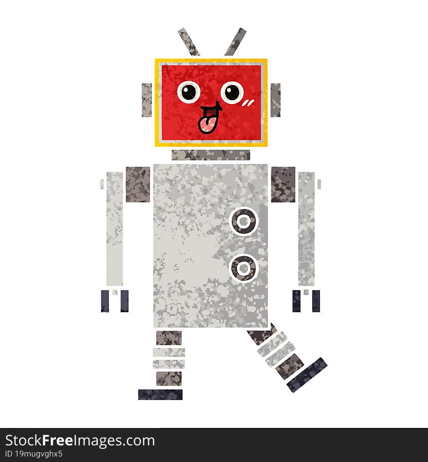 retro illustration style cartoon happy robot