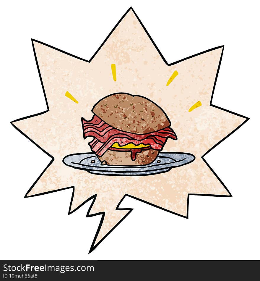 Cartoon Amazingly Tasty Bacon Breakfast Sandwich And Cheese And Speech Bubble In Retro Texture Style