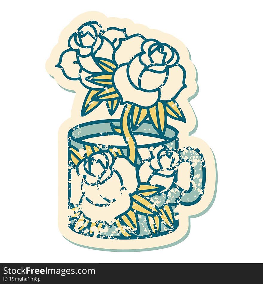 distressed sticker tattoo style icon of a cup and flowers