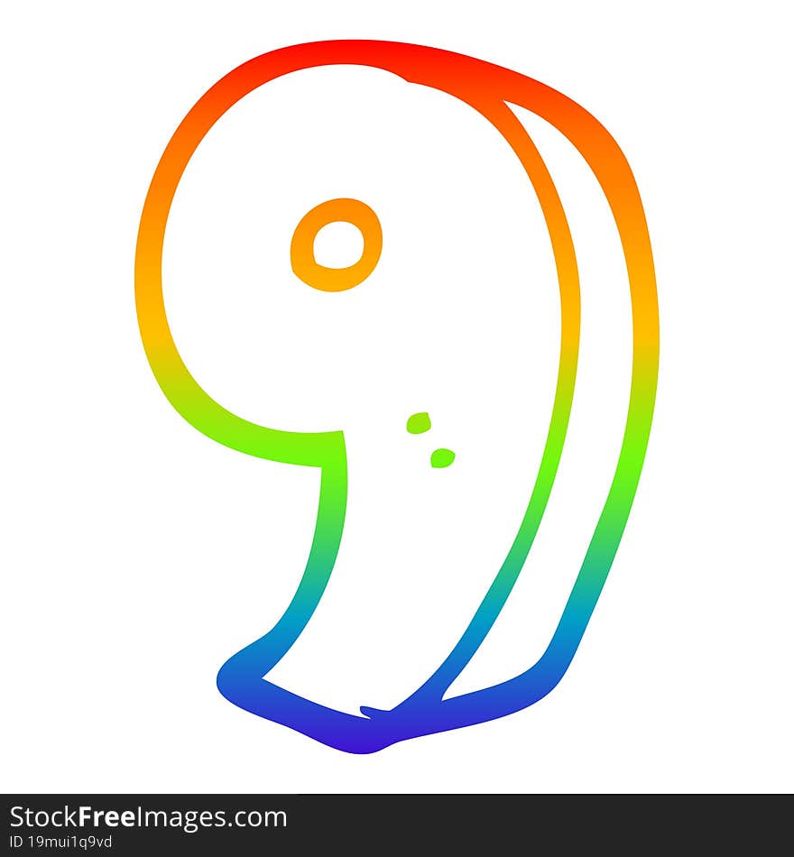 rainbow gradient line drawing of a cartoon number nine