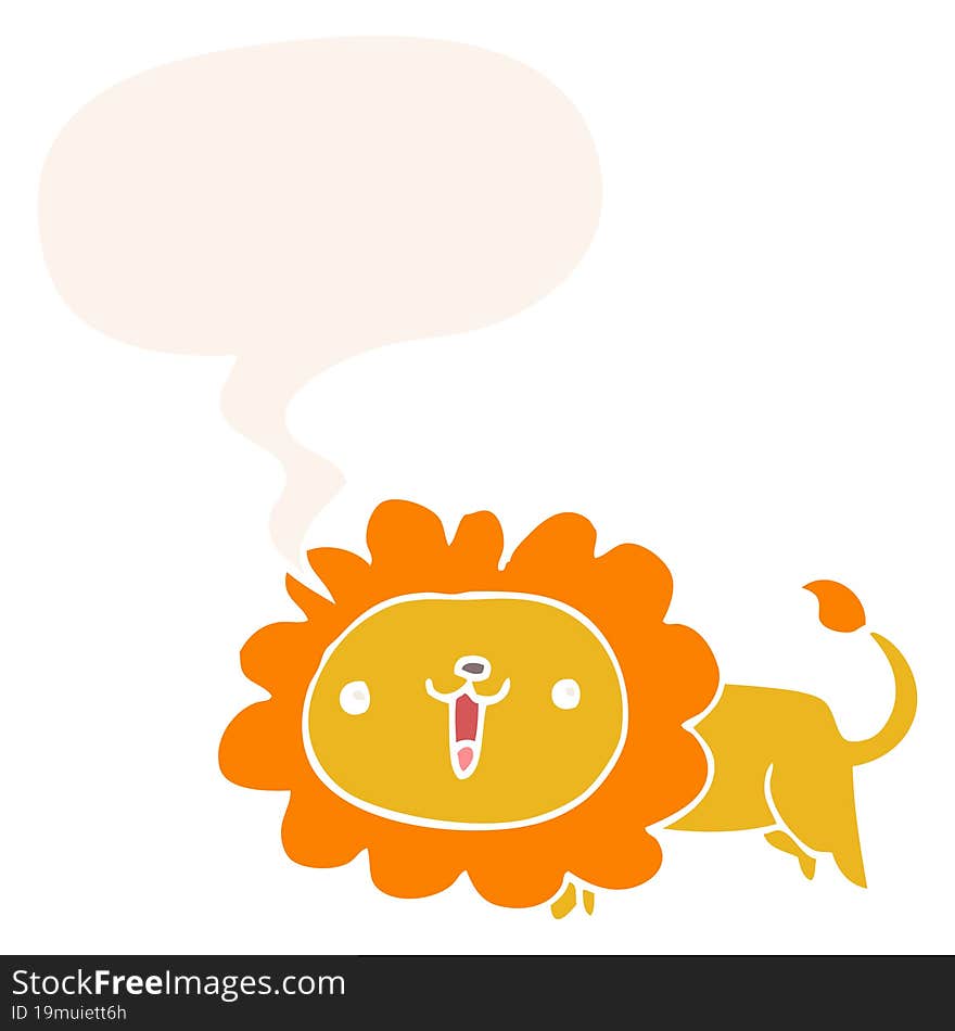 cute cartoon lion and speech bubble in retro style