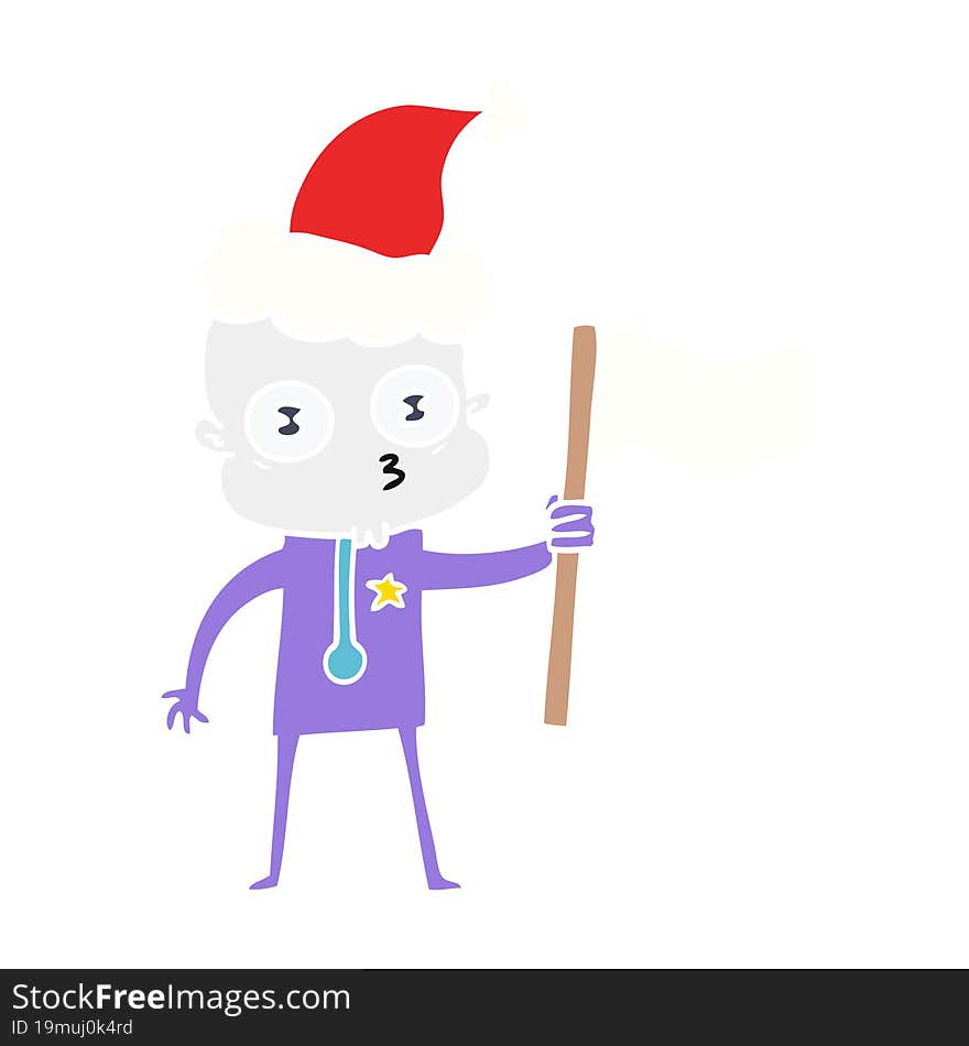 flat color illustration of a weird bald spaceman with flag wearing santa hat