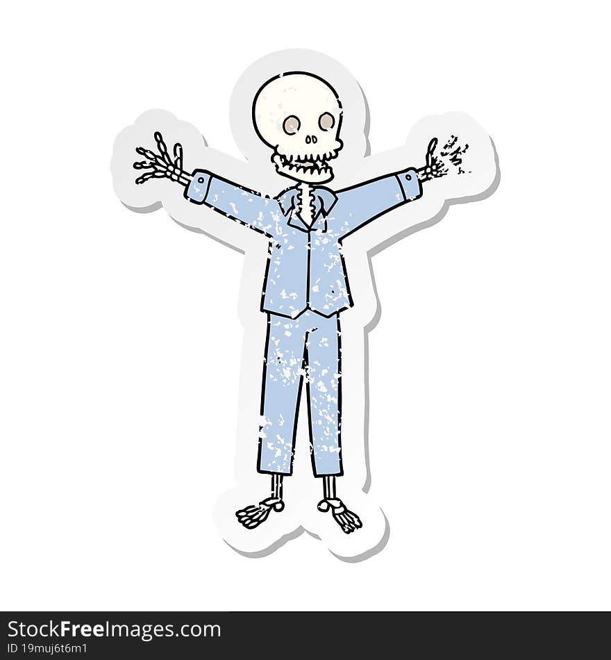 distressed sticker of a cartoon skeleton wearing pajamas