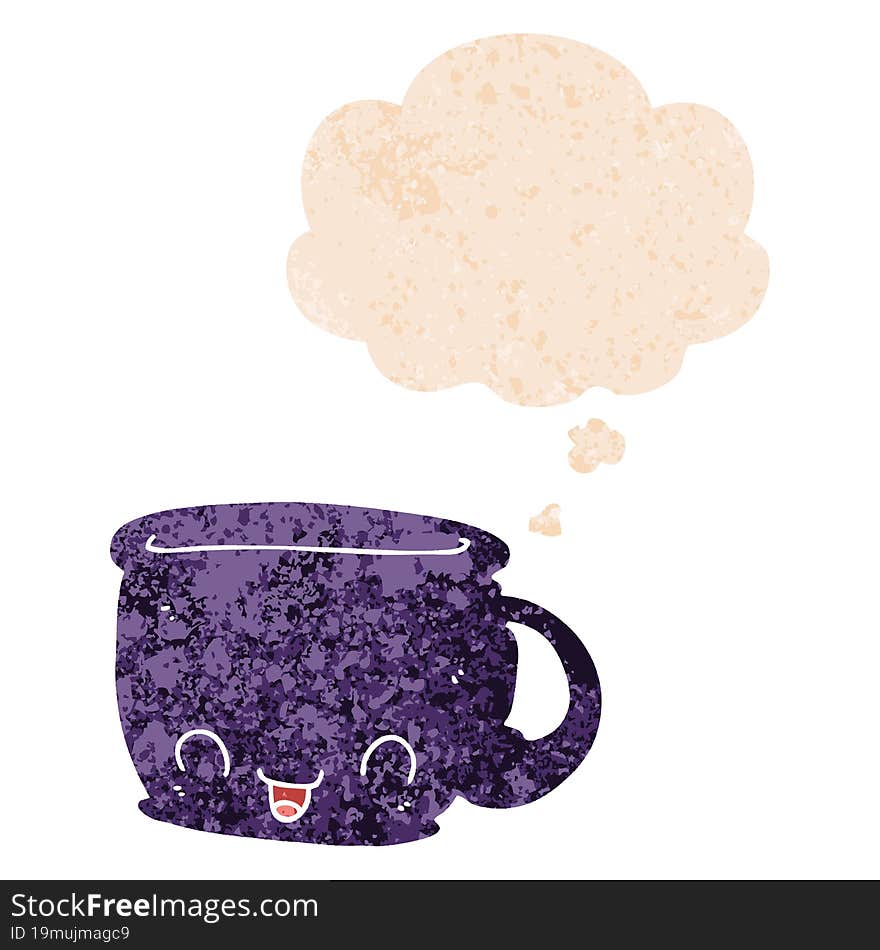 cartoon cup of coffee and thought bubble in retro textured style