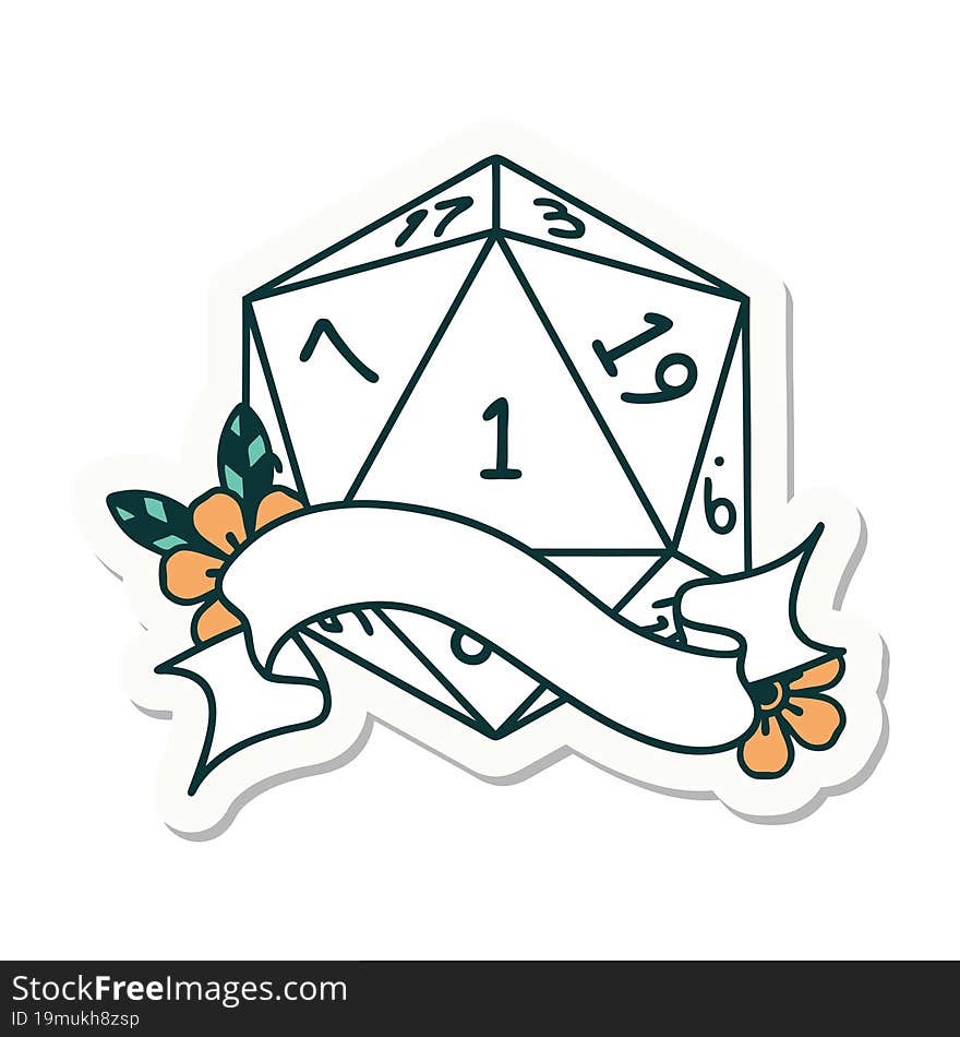 sticker of a natural one d20 dice roll. sticker of a natural one d20 dice roll