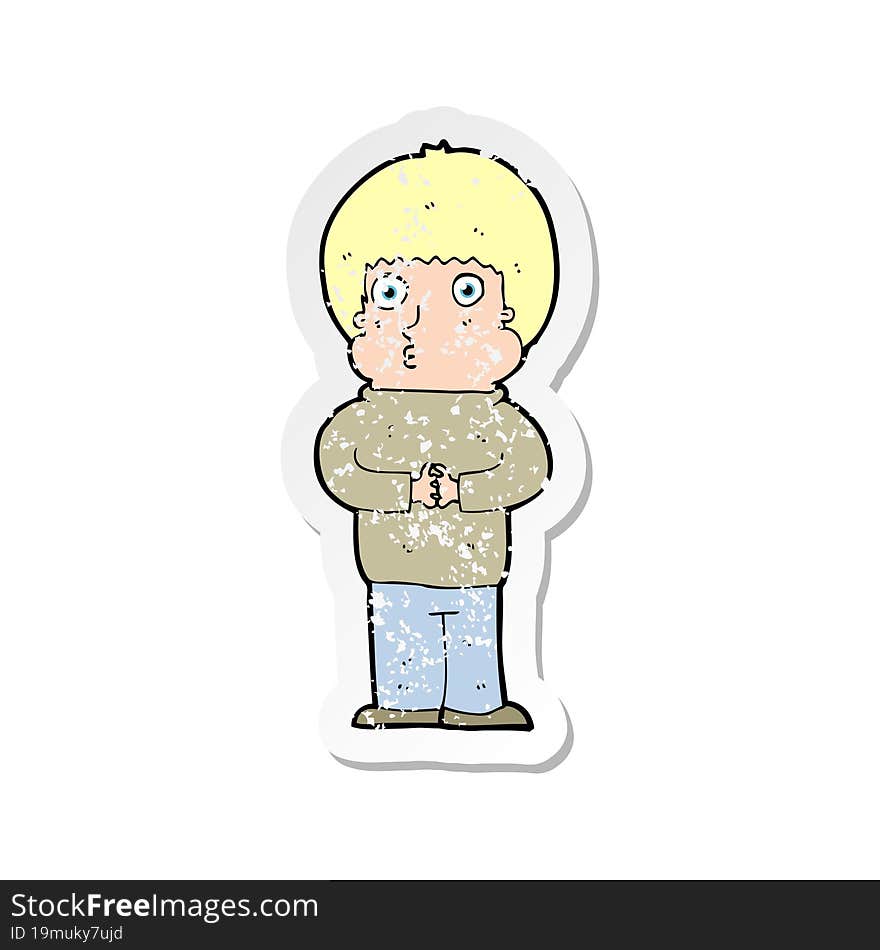 retro distressed sticker of a cartoon shy boy