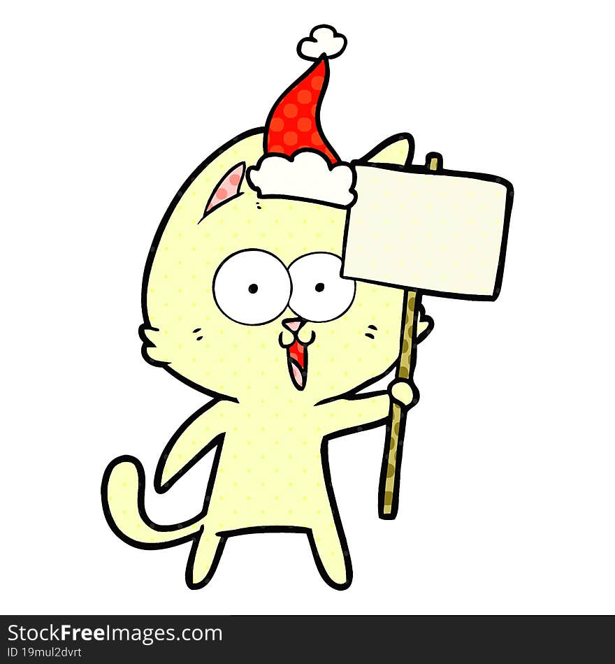 funny comic book style illustration of a cat with sign wearing santa hat