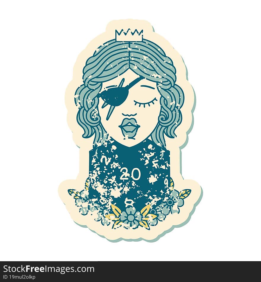 grunge sticker of a human rogue with natural twenty dice roll. grunge sticker of a human rogue with natural twenty dice roll