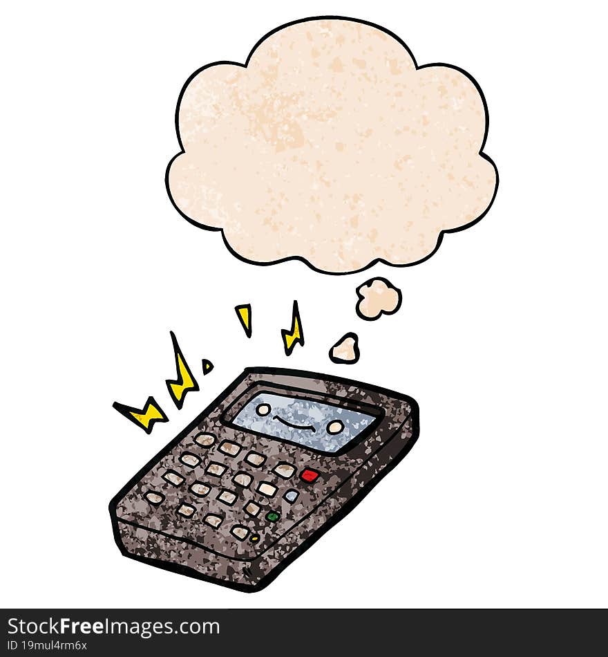 cartoon calculator and thought bubble in grunge texture pattern style