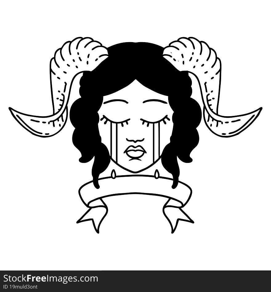 Black and White Tattoo linework Style crying tiefling character face with scroll banner. Black and White Tattoo linework Style crying tiefling character face with scroll banner