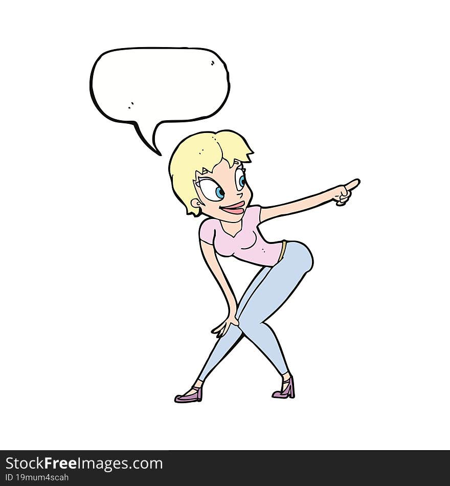 cartoon pretty woman pointing with speech bubble