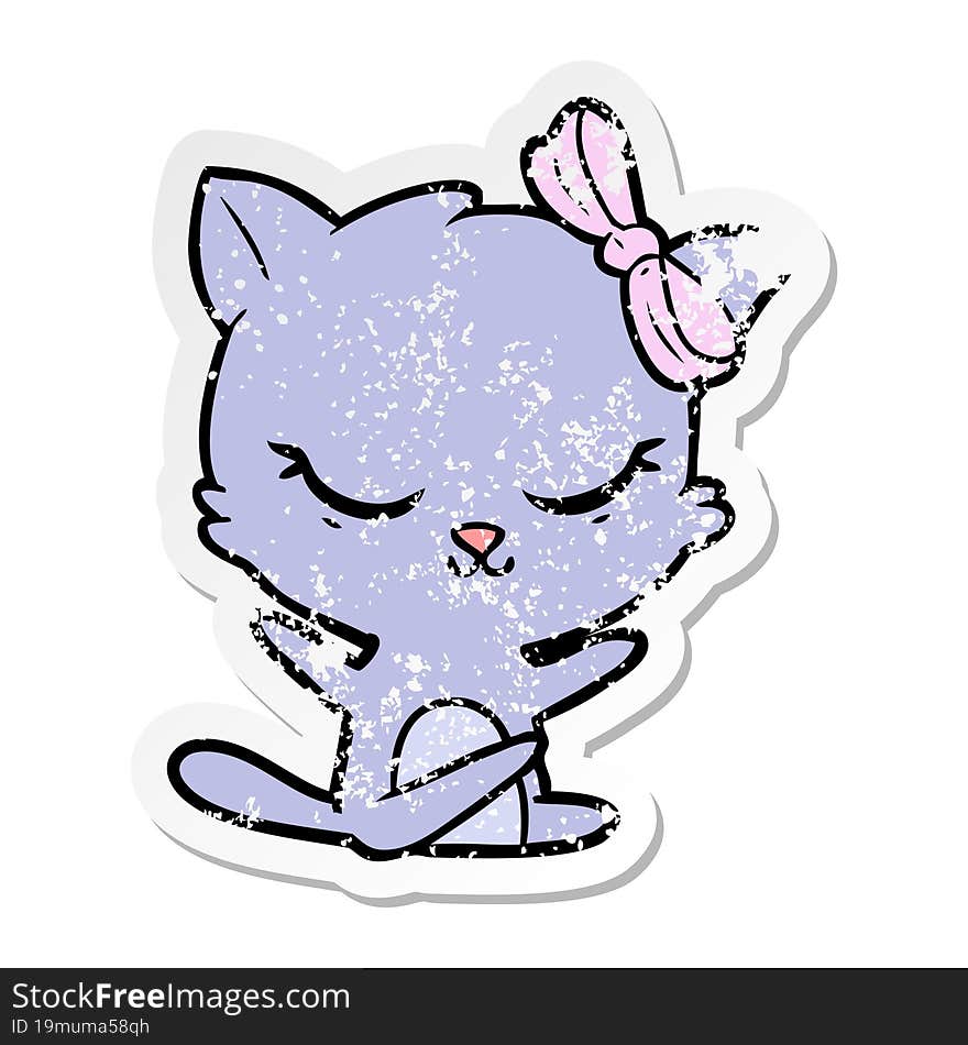 distressed sticker of a cute cartoon cat with bow