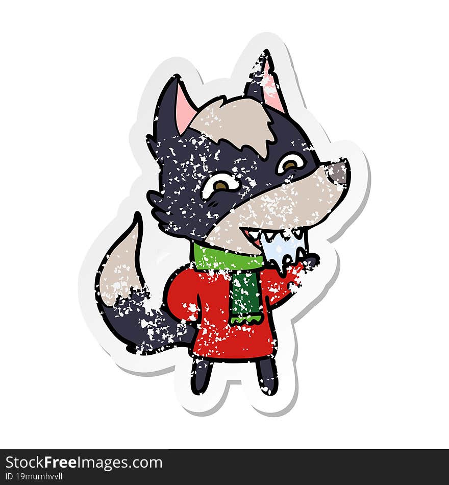 distressed sticker of a cartoon hungry wolf in winter clothes