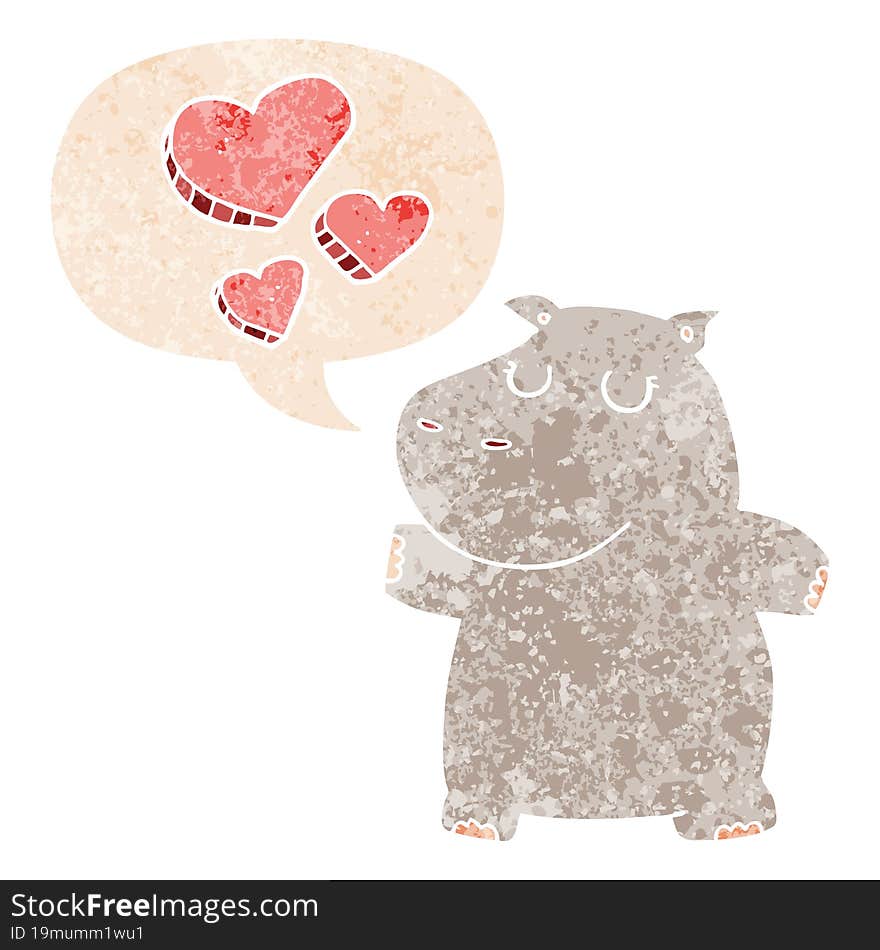 Cartoon Hippo In Love And Speech Bubble In Retro Textured Style