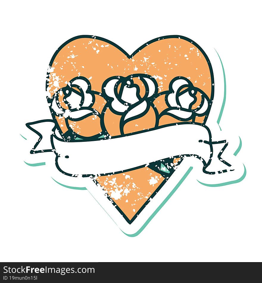 distressed sticker tattoo style icon of a heart and banner with flowers