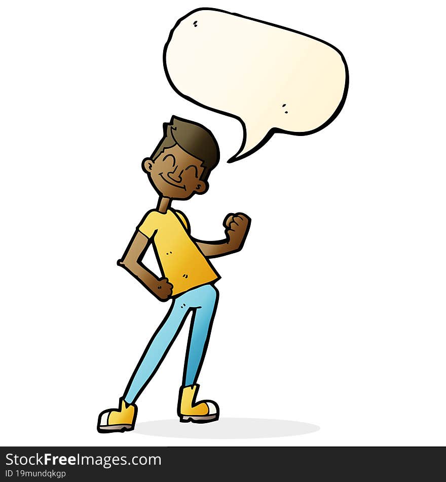 cartoon celebrating man with speech bubble