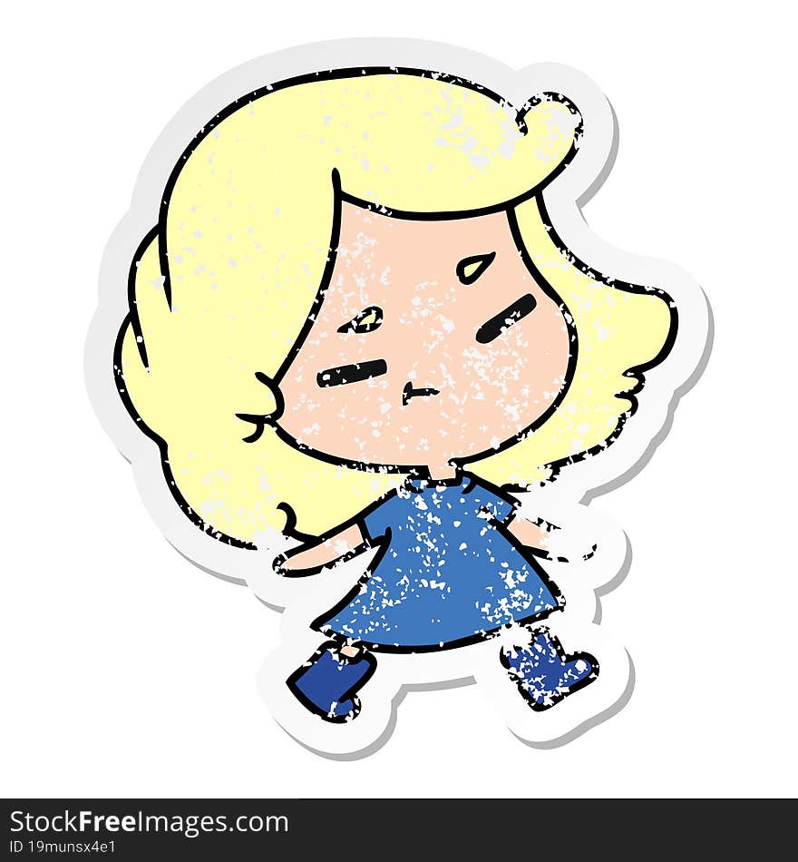 distressed sticker cartoon illustration of a cute kawaii girl. distressed sticker cartoon illustration of a cute kawaii girl