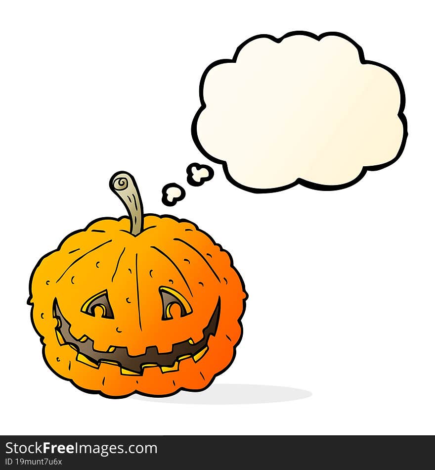 cartoon grinning pumpkin with thought bubble