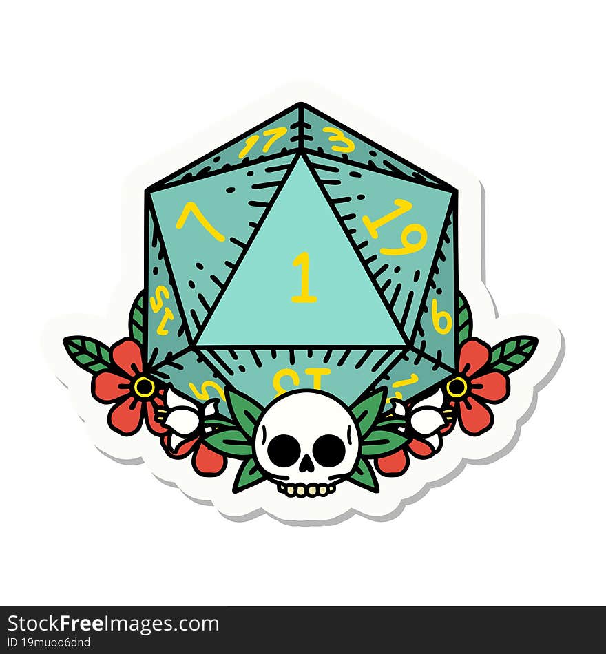 sticker of a natural one dice roll with floral elements. sticker of a natural one dice roll with floral elements