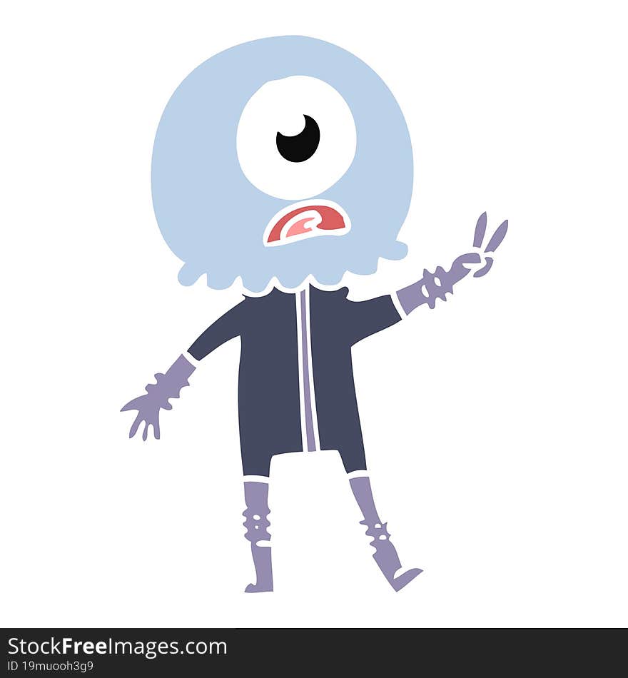 Flat Color Style Cartoon Cyclops Alien Spaceman Giving Peace Sign