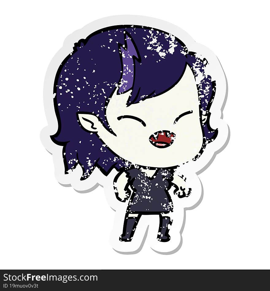 distressed sticker of a cartoon laughing vampire girl