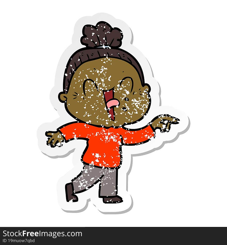 distressed sticker of a cartoon happy old woman