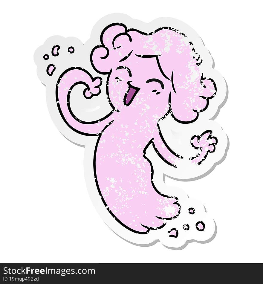 hand drawn distressed sticker cartoon doodle of a happy pink ghost