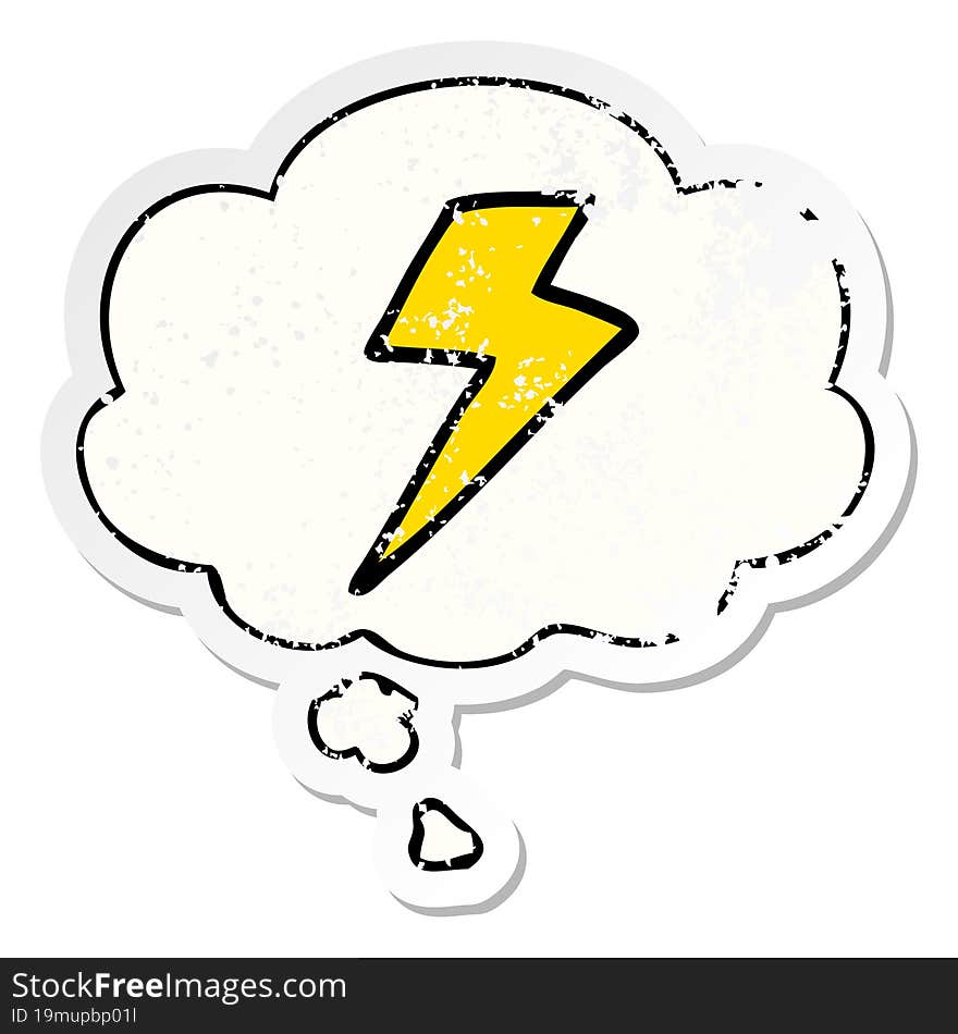 cartoon lightning bolt and thought bubble as a distressed worn sticker