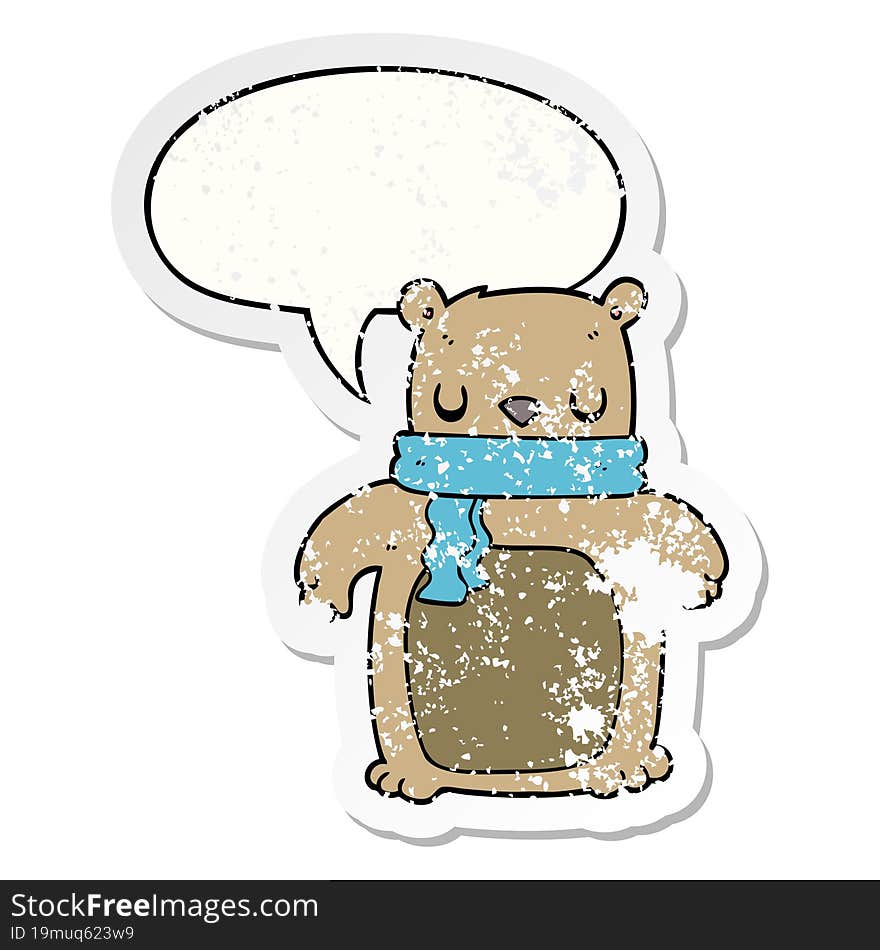 cartoon bear and scarf and speech bubble distressed sticker