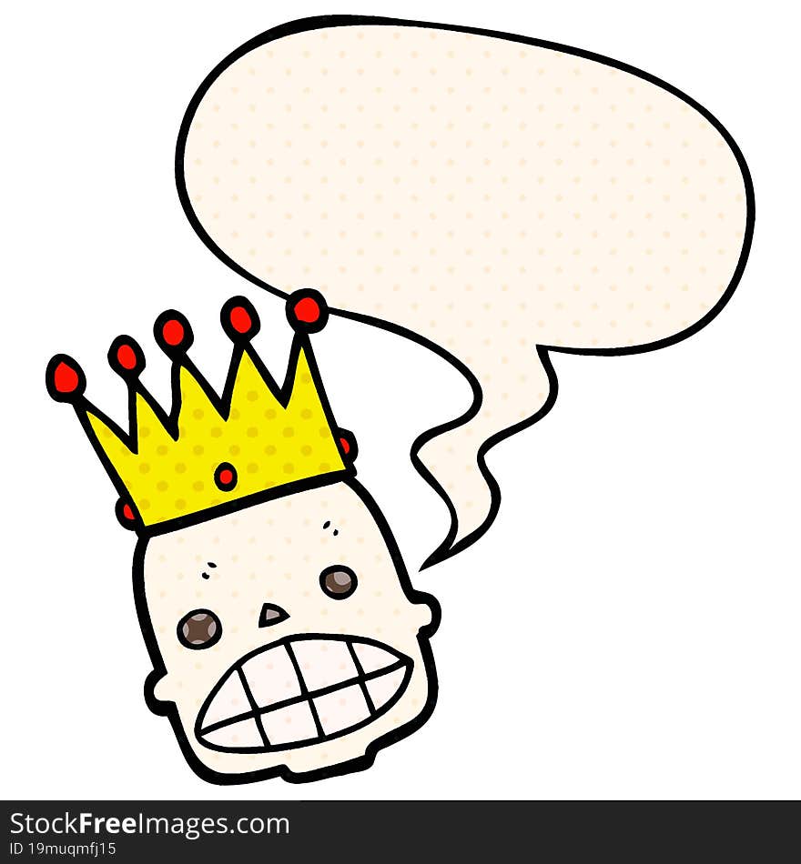 cartoon spooky skull face with crown with speech bubble in comic book style. cartoon spooky skull face with crown with speech bubble in comic book style