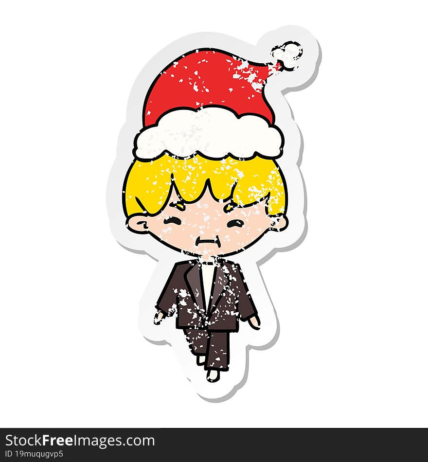 hand drawn christmas distressed sticker cartoon of kawaii boy