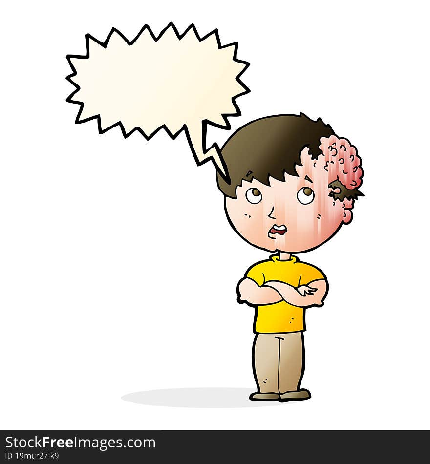 cartoon boy with growth on head with speech bubble