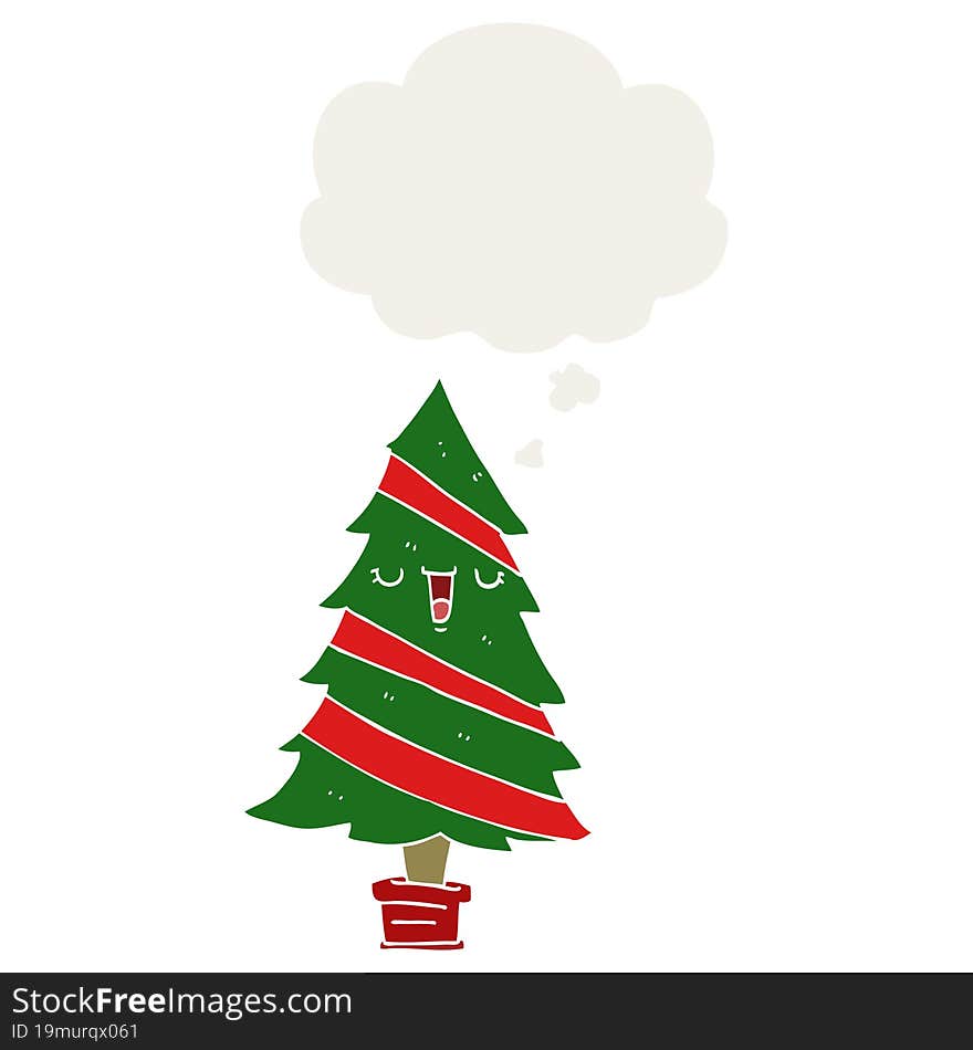 cartoon christmas tree with thought bubble in retro style