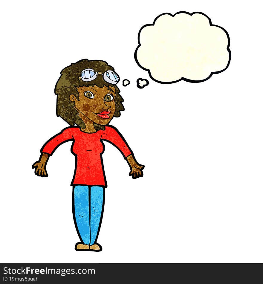 Cartoon Woman Wearing Goggles With Thought Bubble