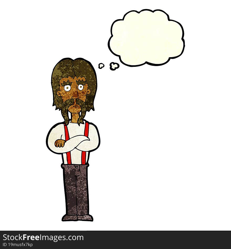 cartoon long mustache man with folded arms with thought bubble