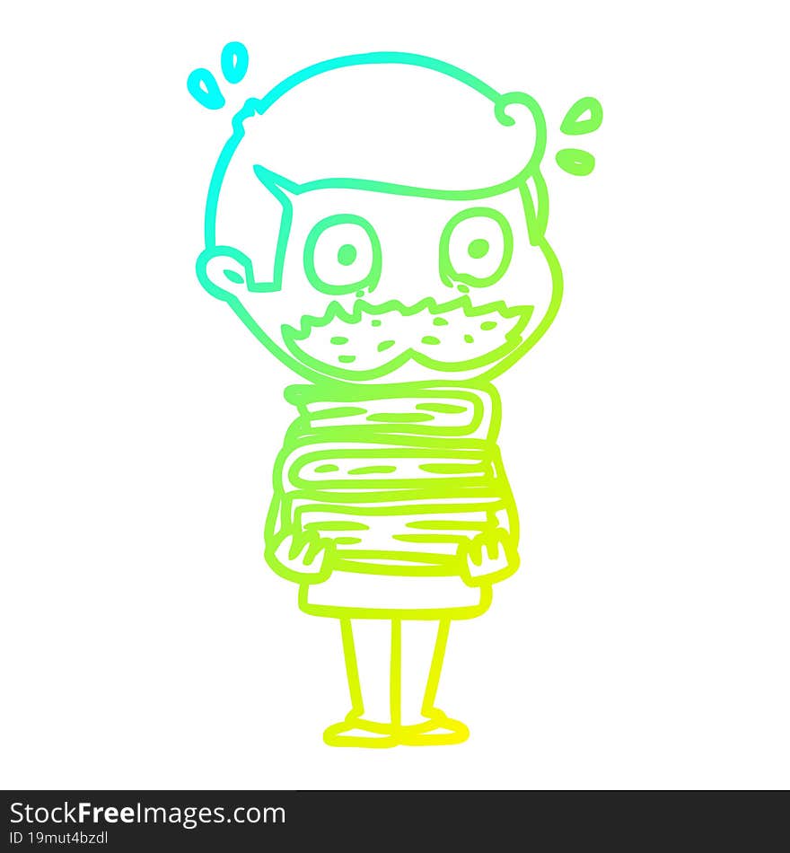 Cold Gradient Line Drawing Cartoon Man With Mustache And Books