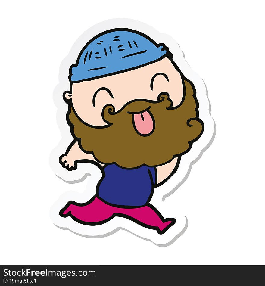 sticker of a running man with beard sticking out tongue