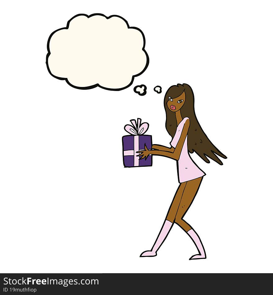 cartoon fashion girl with present with thought bubble