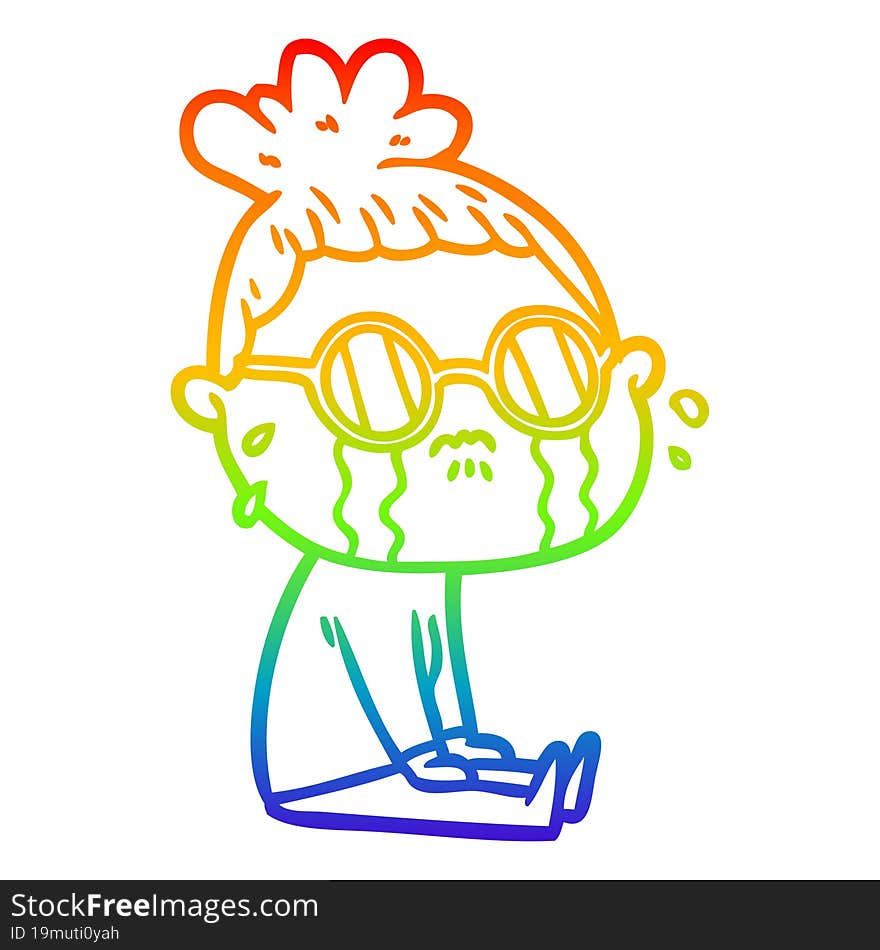 rainbow gradient line drawing cartoon crying woman wearing spectacles