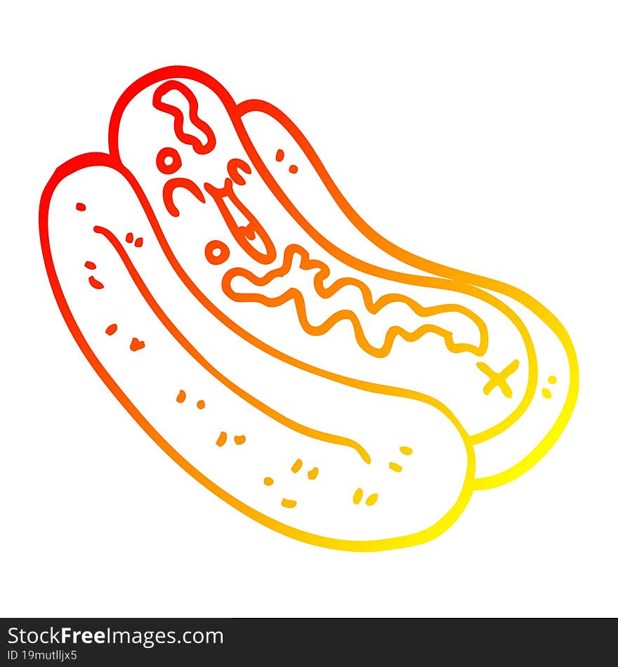 warm gradient line drawing cartoon hotdog in bun with ketchup