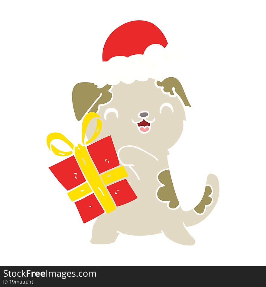 cute flat color style cartoon puppy with christmas present and hat