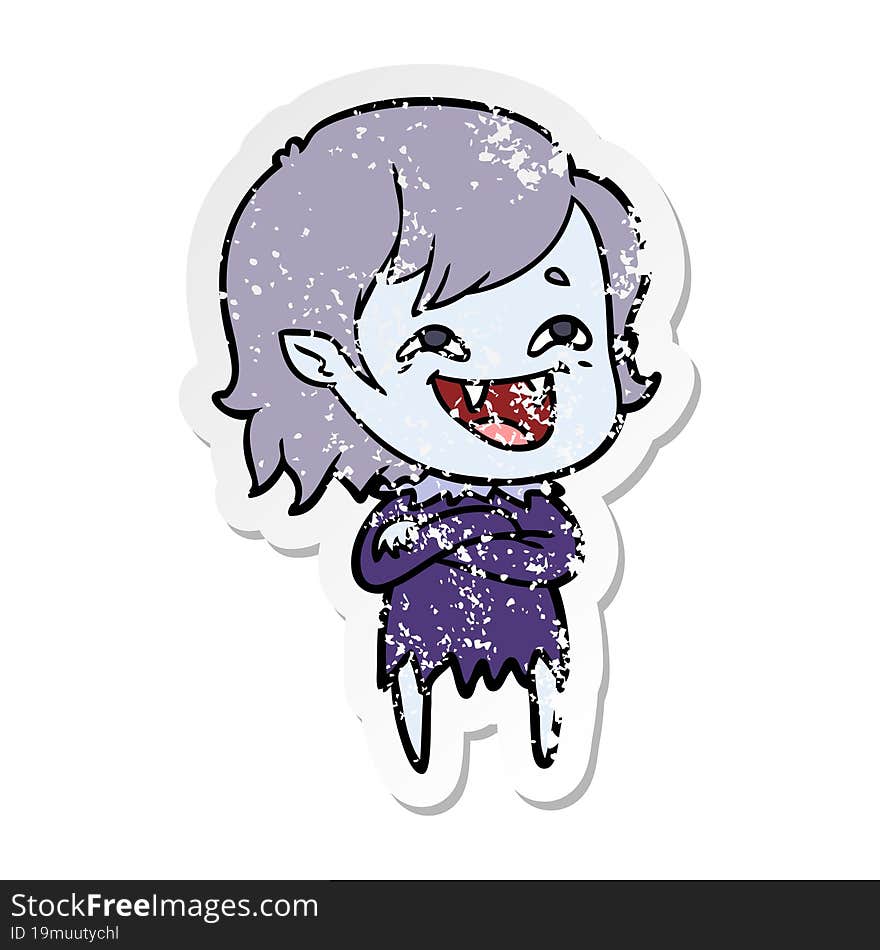 Distressed Sticker Of A Cartoon Laughing Vampire Girl