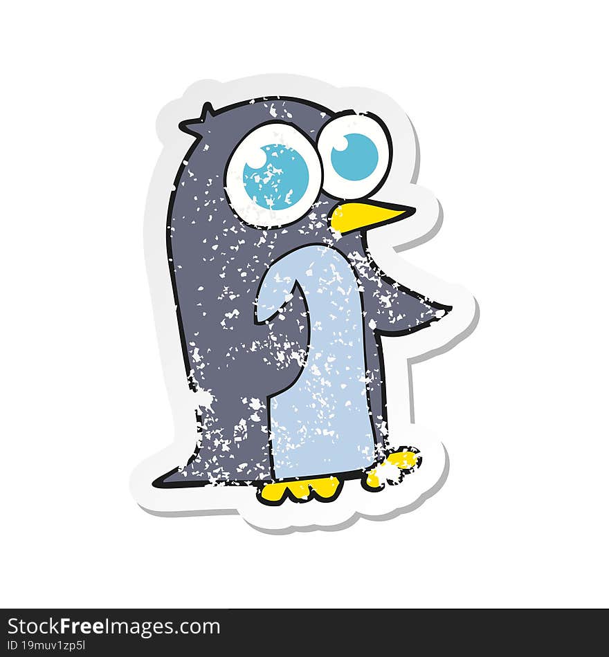 retro distressed sticker of a cartoon penguin with big eyes