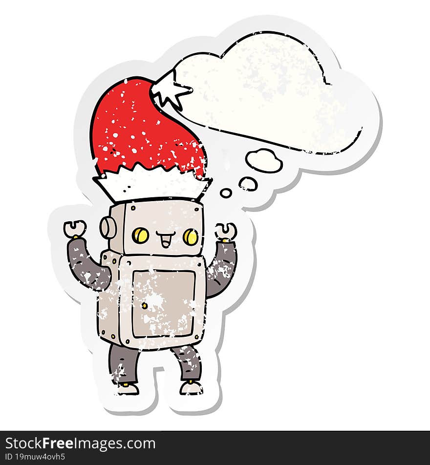 cartoon christmas robot with thought bubble as a distressed worn sticker