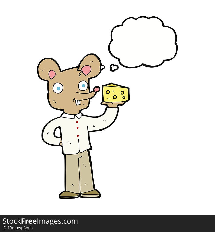 cartoon mouse holding cheese with thought bubble