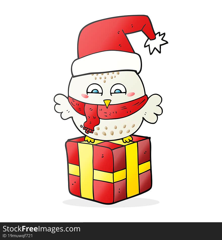 cartoon cute christmas owl on gift