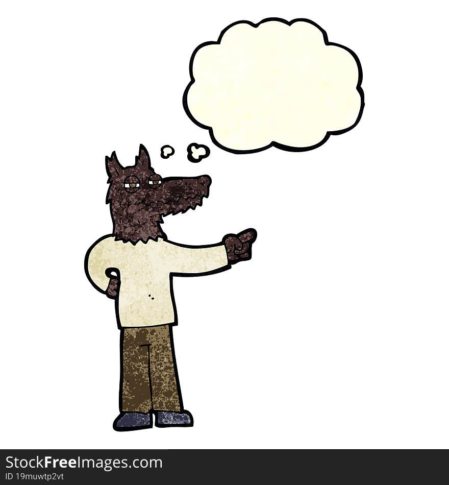 cartoon pointing wolf man with thought bubble